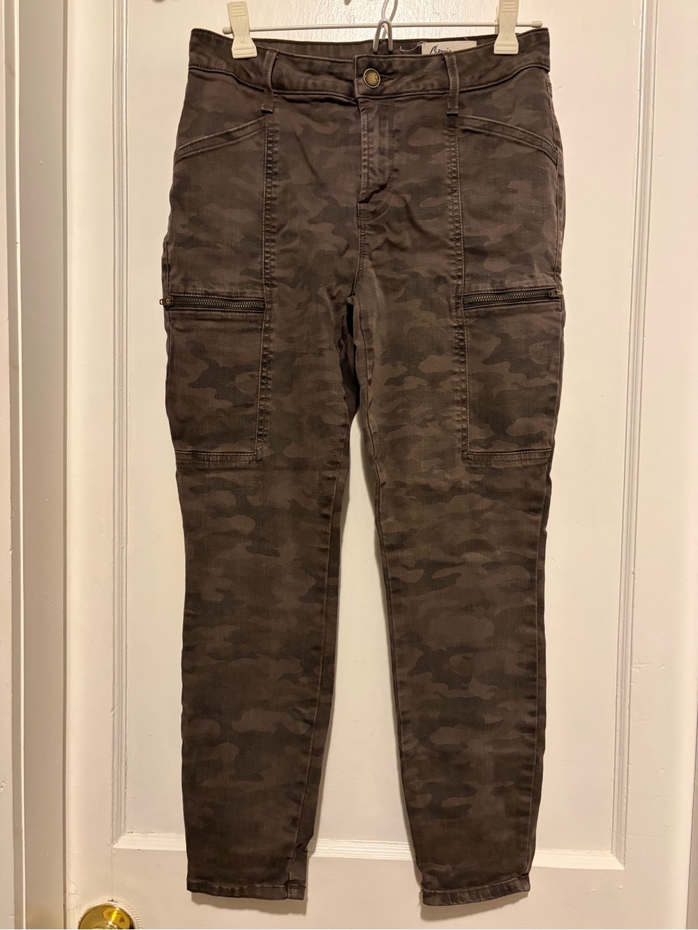 Cosmic Blue Love skinny camo cargo pants.